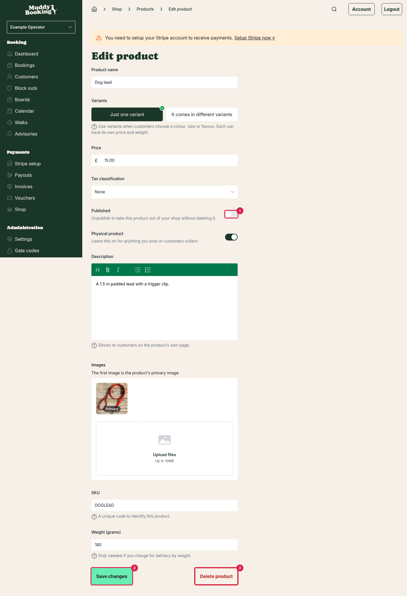 The Edit product form with the Published switch off, and the Save changes and Delete product buttons