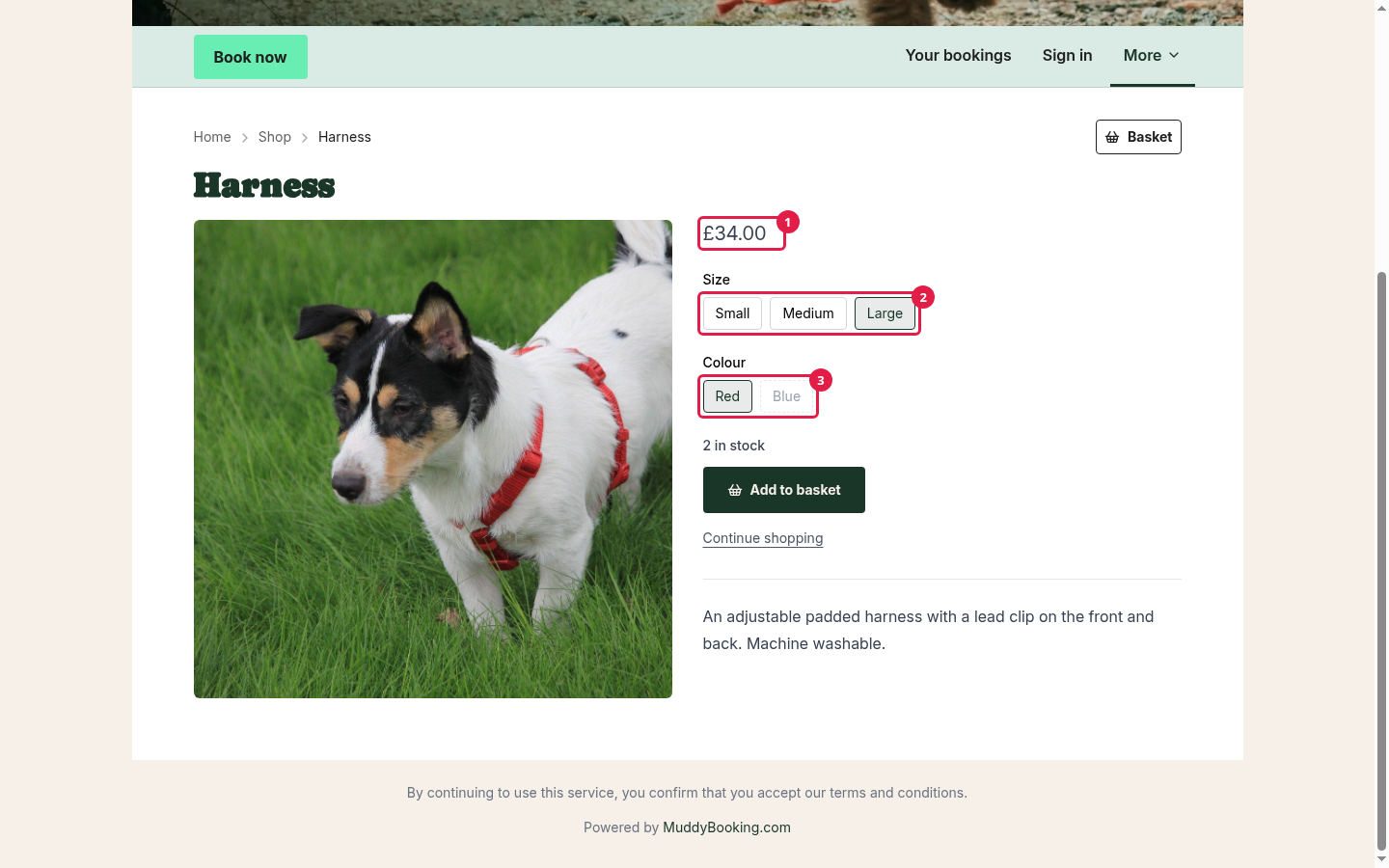 A product's page in the shop, with Large chosen and Blue greyed out