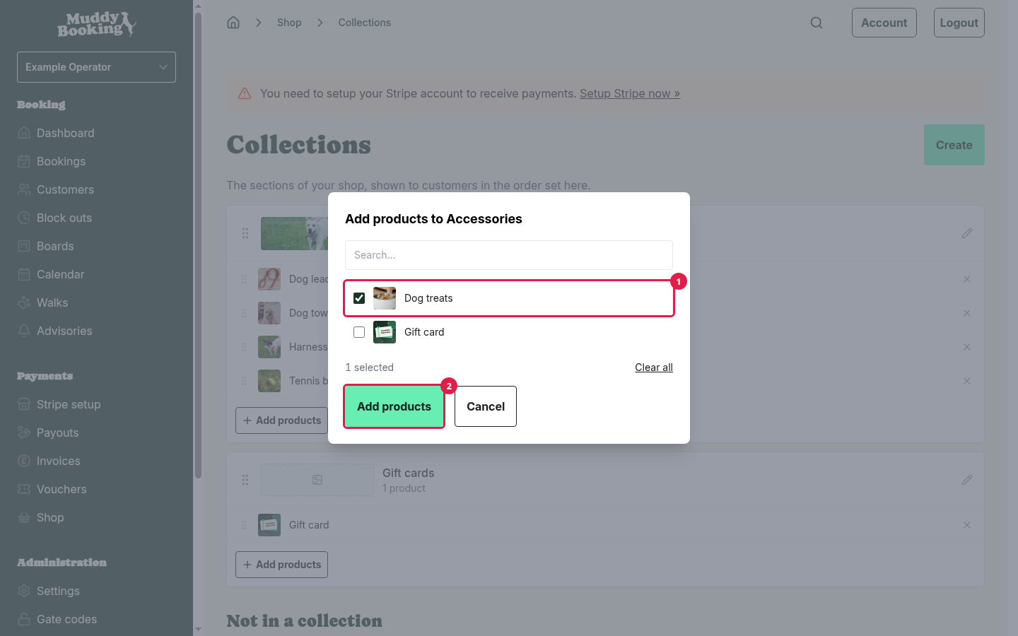 The Add products pop-up with a product ticked