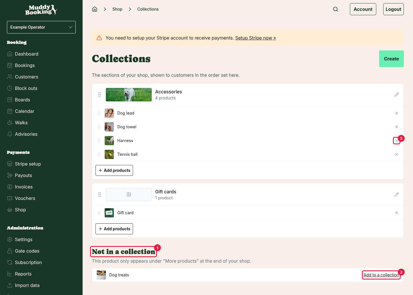 The Collections page with two collection cards and a product that isn't in a collection