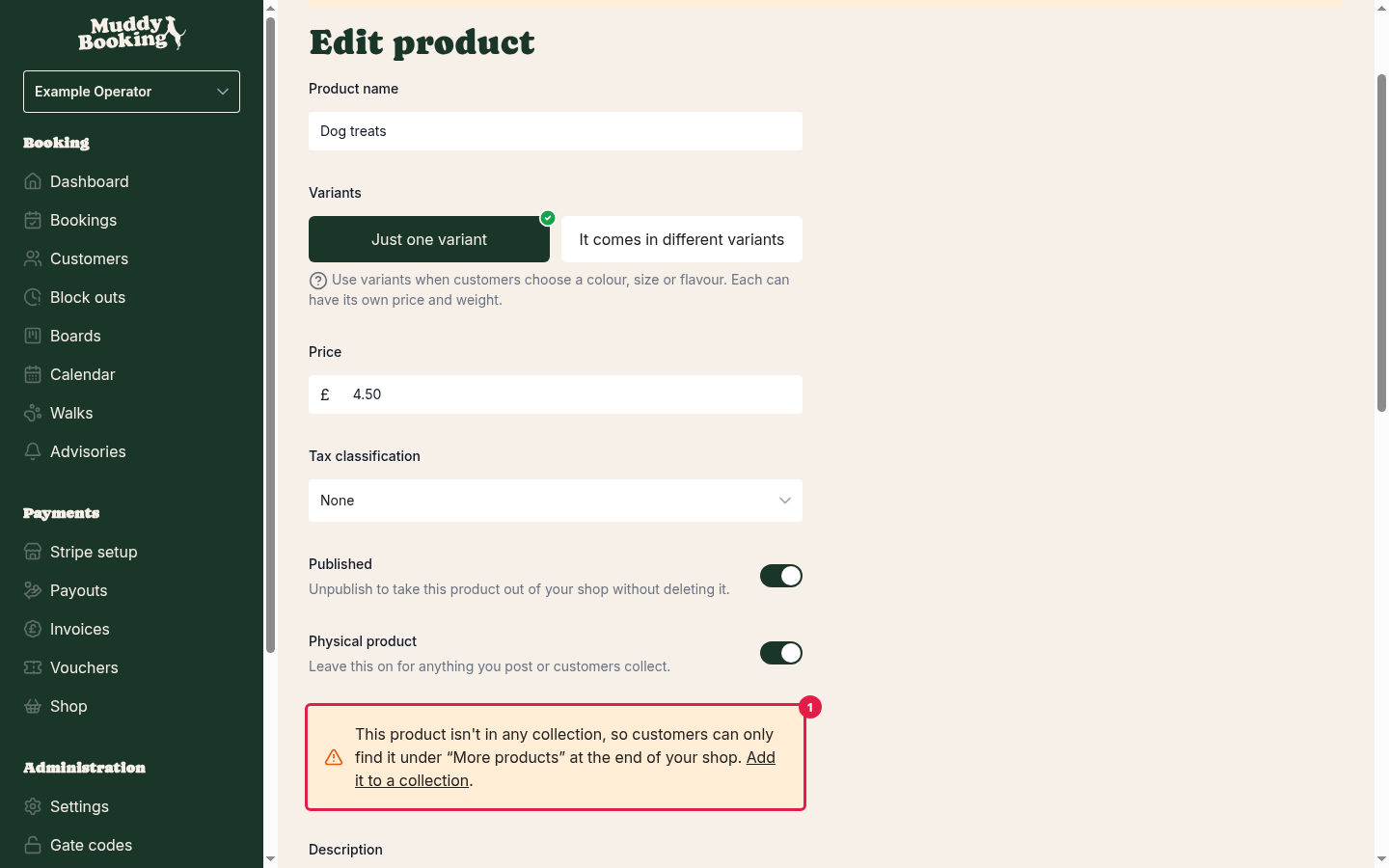 The Edit product form with a warning that the product isn't in any collection