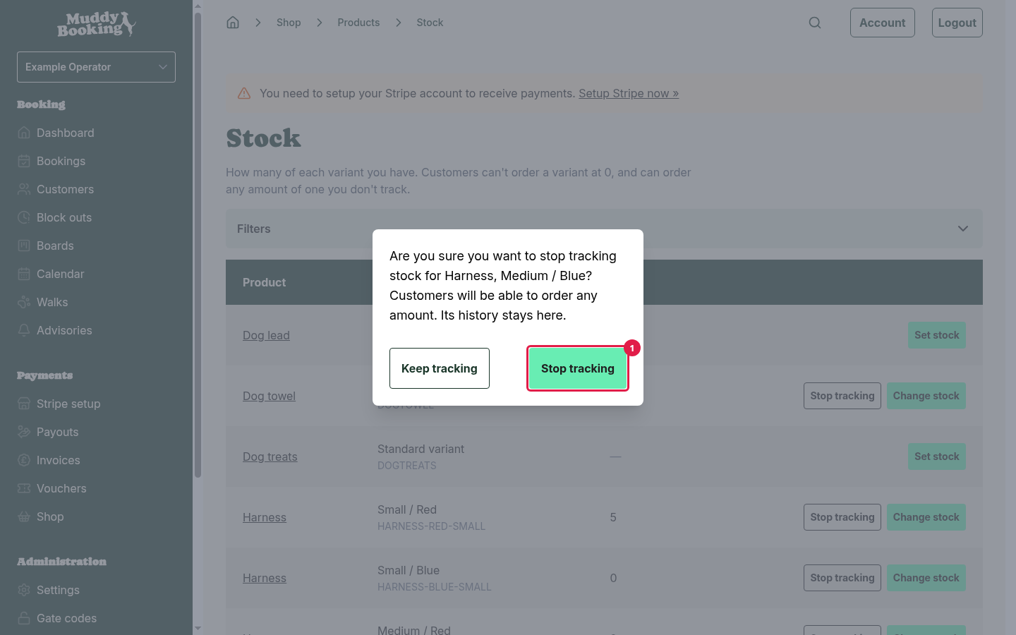 The confirmation that asks if you want to stop tracking stock