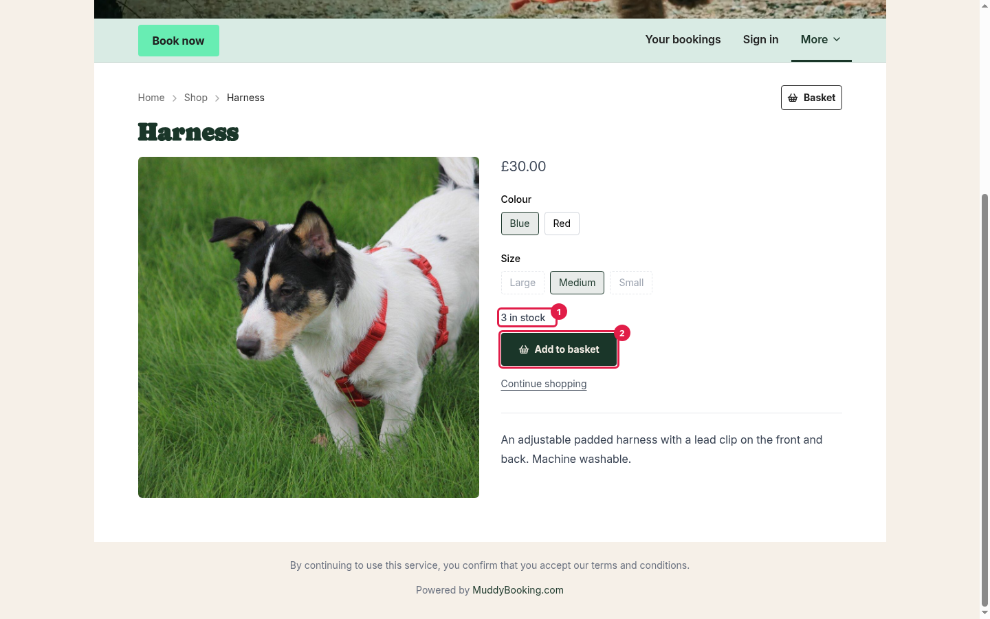 A product page showing 3 in stock above the Add to basket button