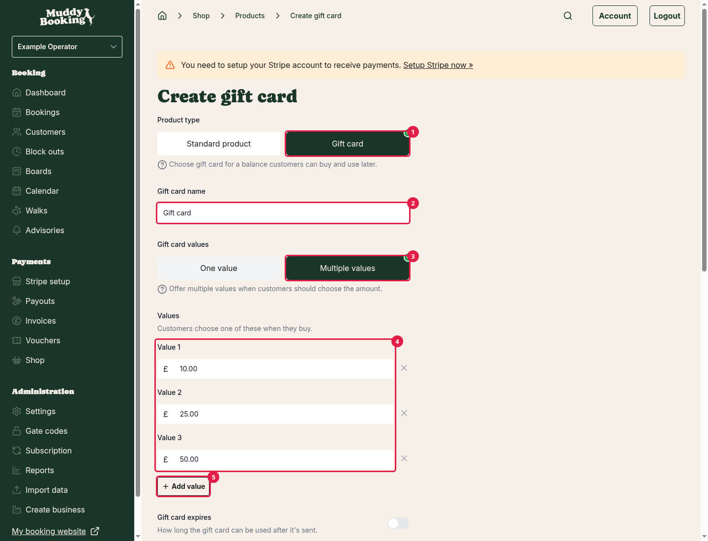 The top of the Create gift card form, with Gift card chosen and three values of £10, £25 and £50