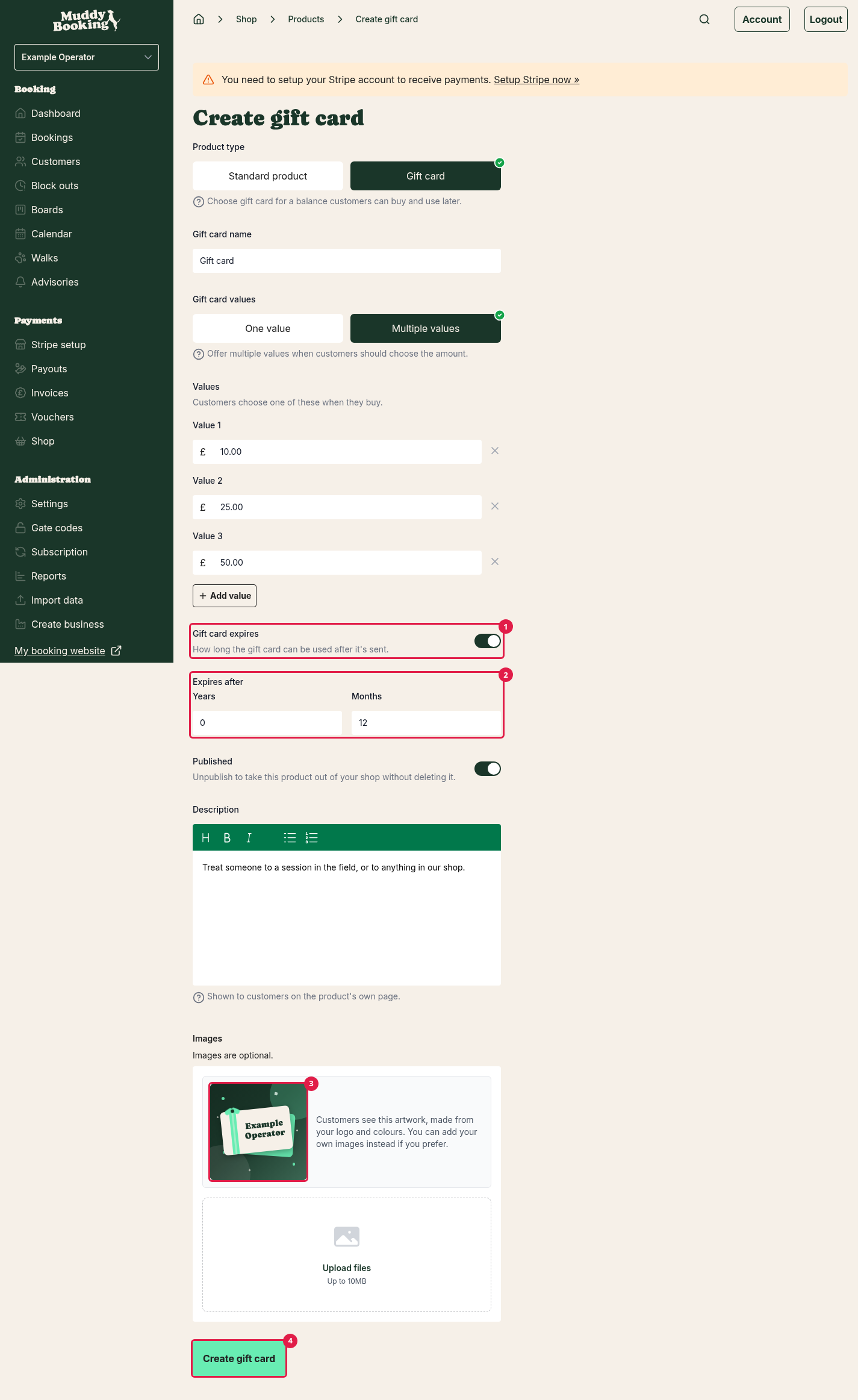 The whole Create gift card form, with Gift card expires switched on, the gift card artwork and the Create gift card button