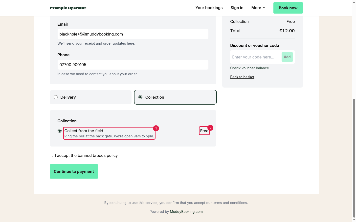 The checkout with Collection chosen, showing the collection point's instructions and Free
