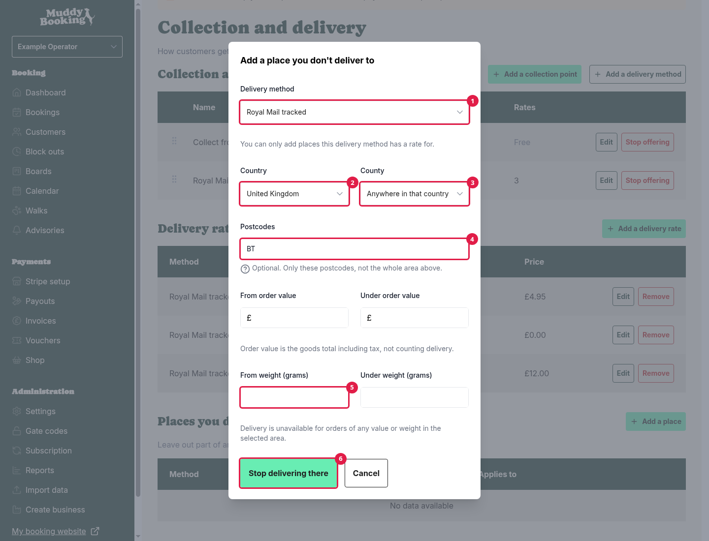 The Add a place you don't deliver to pop-up, with the postcode BT