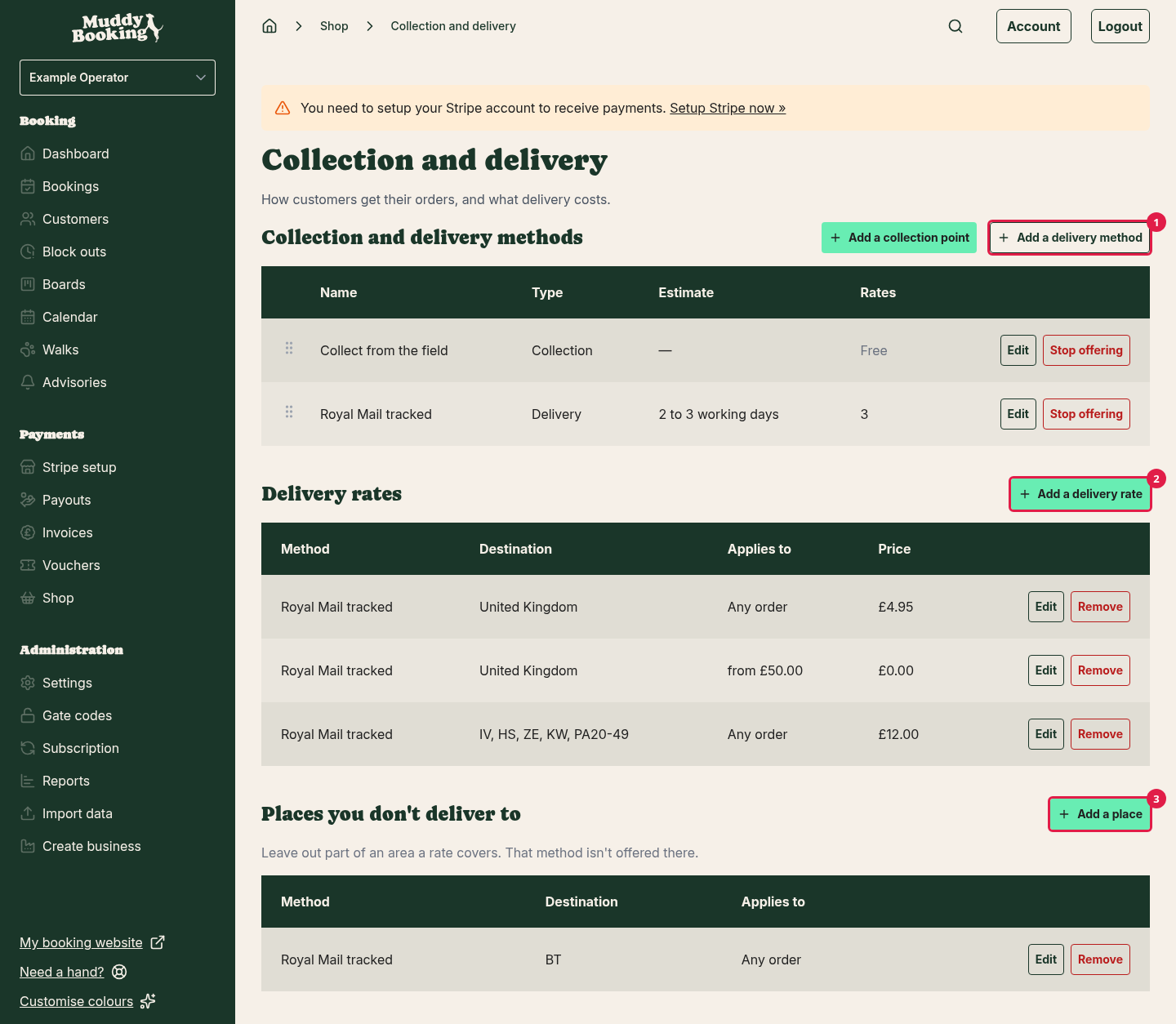 The Collection and delivery page, with its three sections