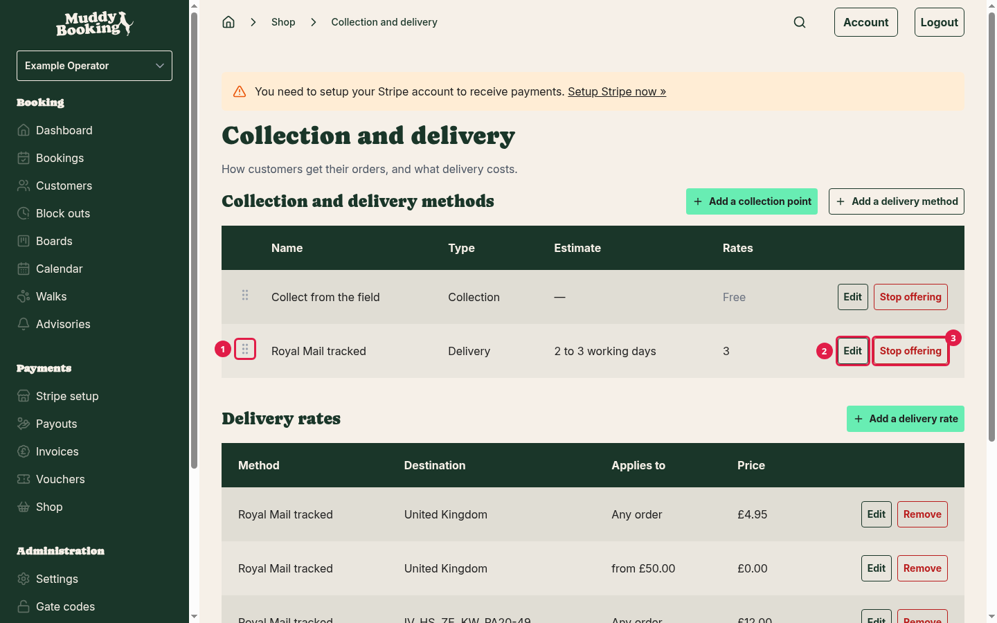 The Collection and delivery methods table, with a drag handle, Edit and Stop offering