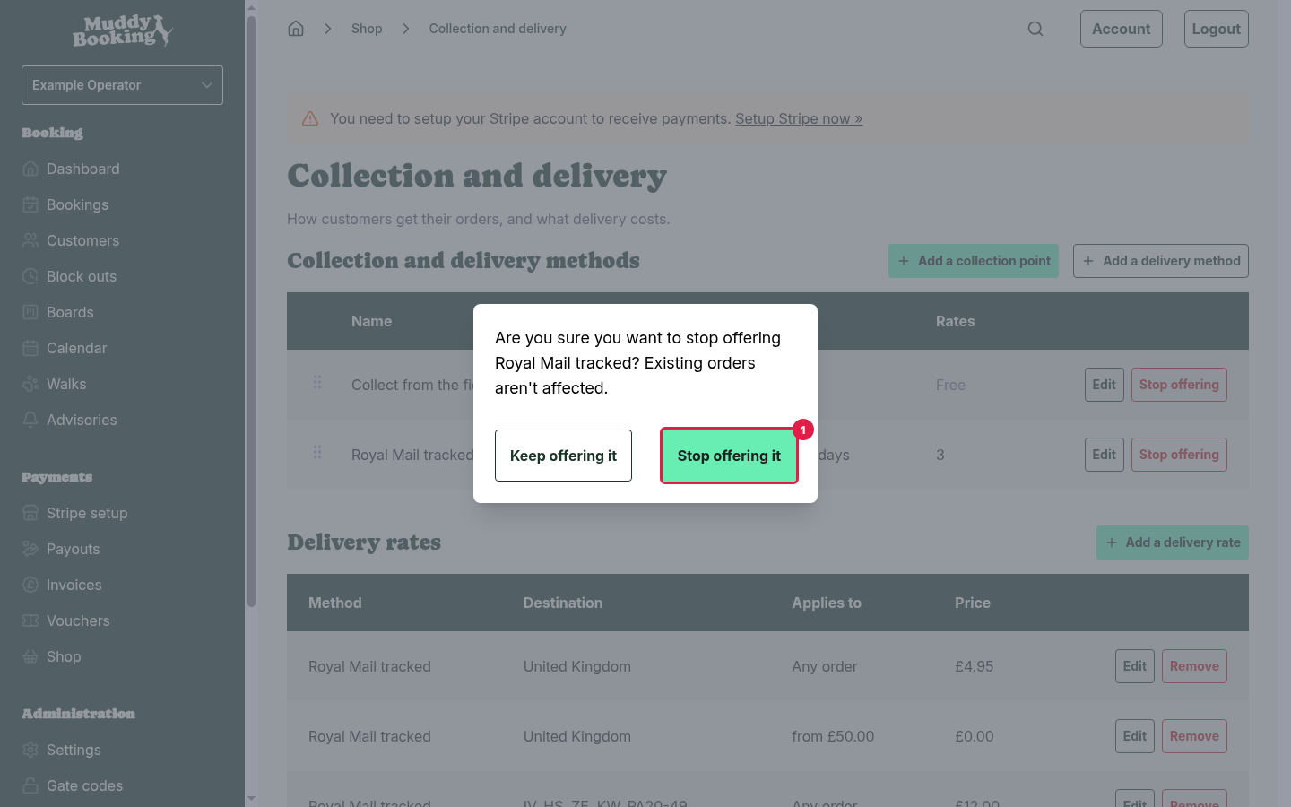 The confirmation asking if you want to stop offering Royal Mail tracked