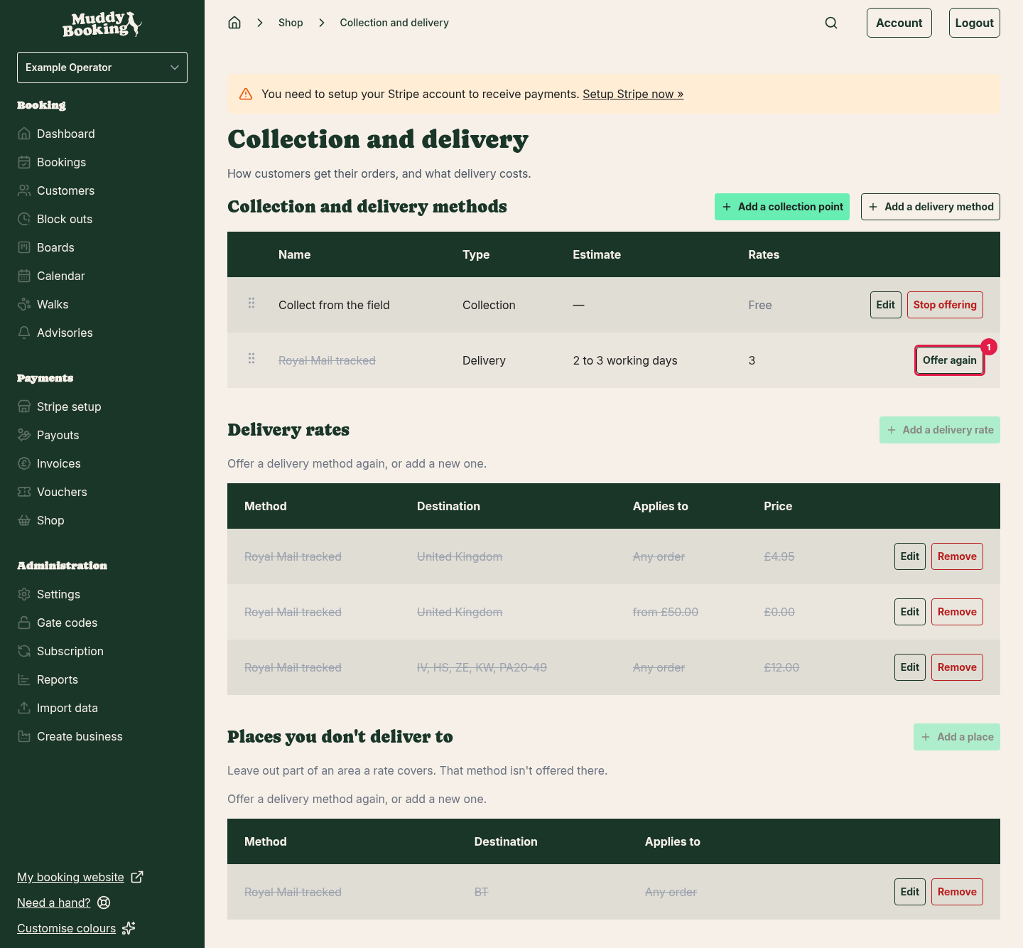 A stopped delivery method and its rates, struck through, with an Offer again button