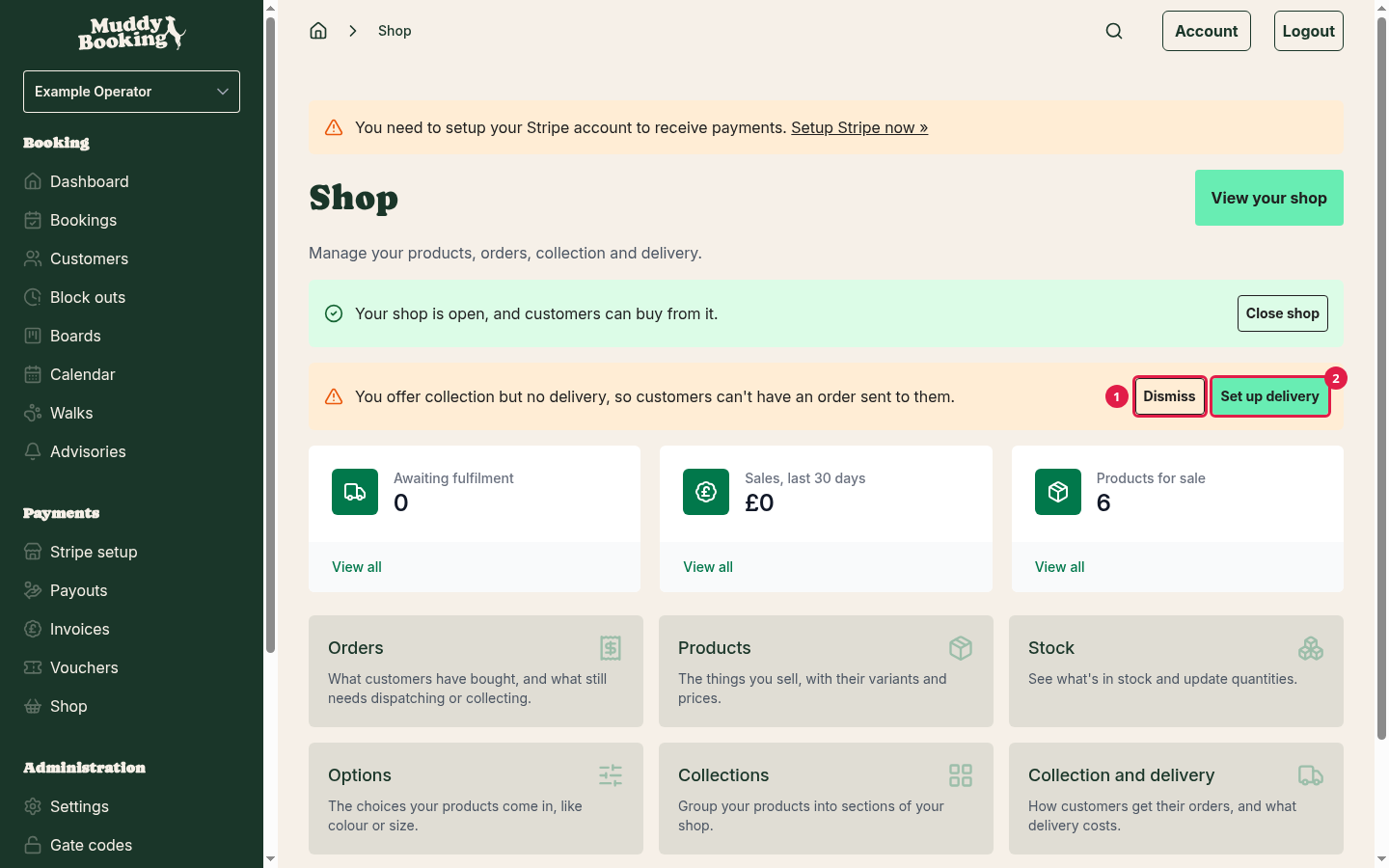 The Shop page with a warning that you offer collection but no delivery