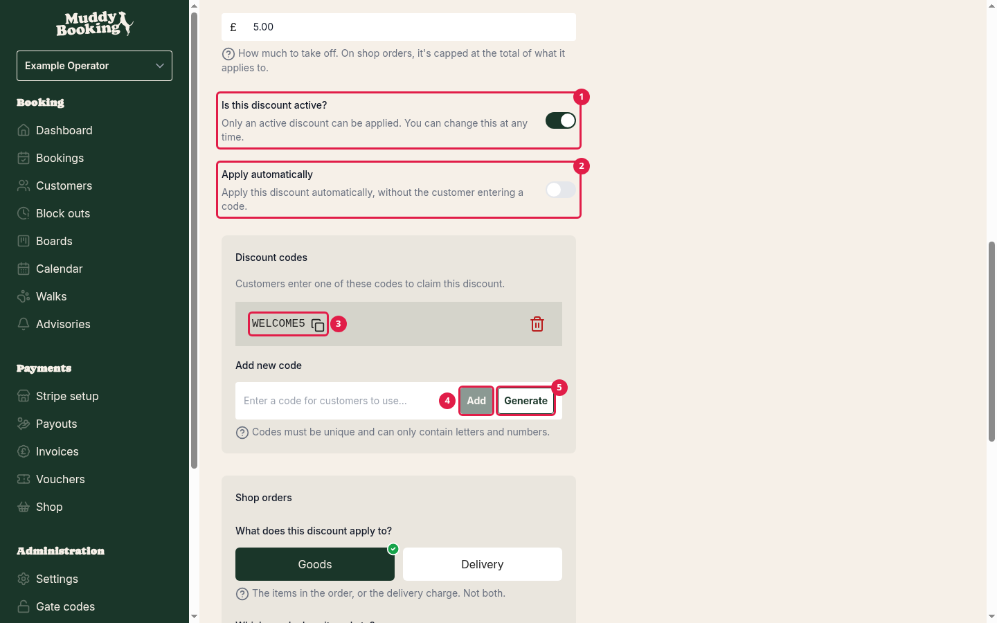 The discount form with Apply automatically off and one discount code added