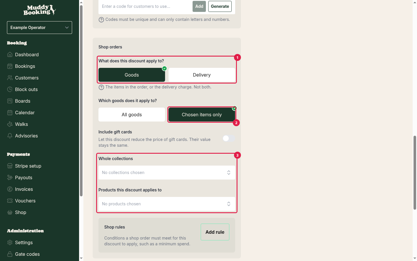 The Shop orders section of the discount form, with Chosen items only chosen