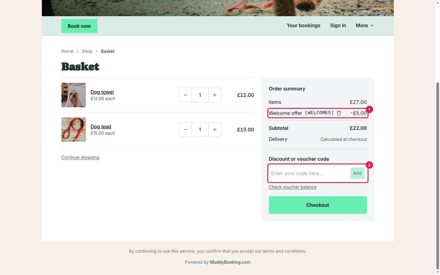 The basket, with the discount on its own line in the order summary