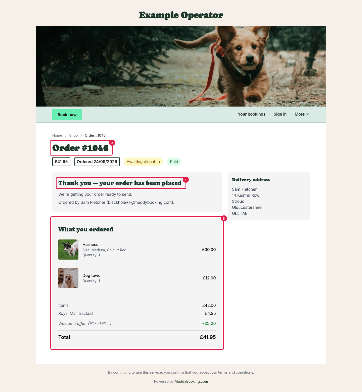 The order page straight after paying, with a thank-you message, the order number and what was ordered