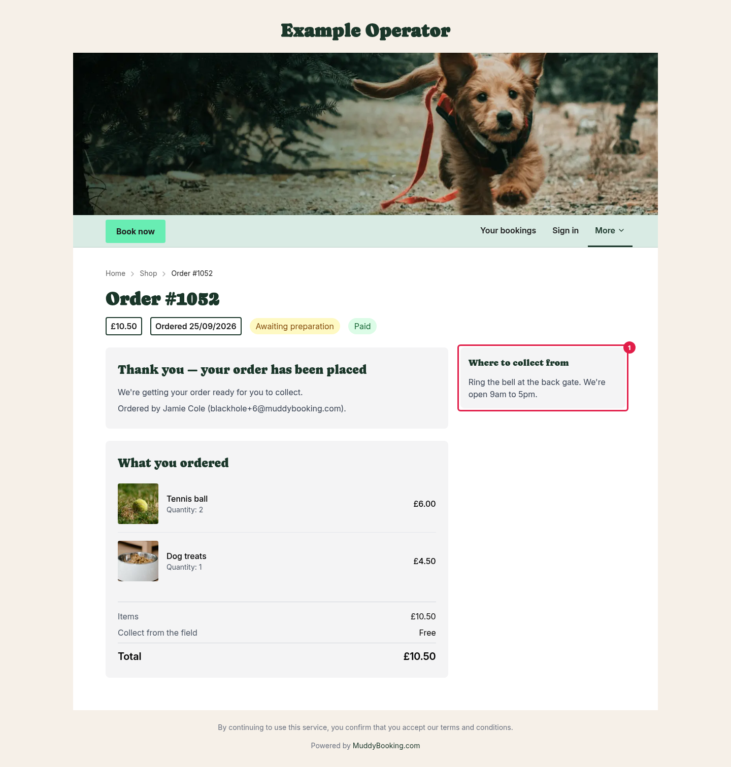 A collection order's page, with a Where to collect from card and the collection instructions