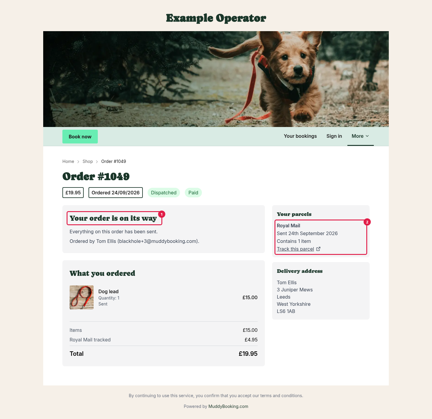 A dispatched order's page, with a Your parcels card and a Track this parcel link