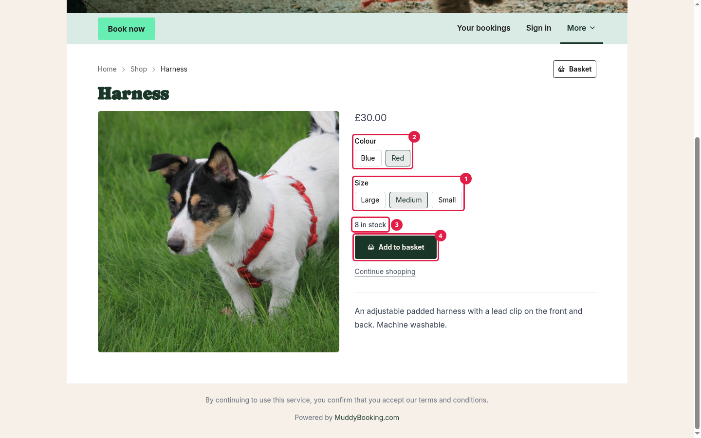 The Harness product page with Red and Medium chosen, 8 in stock and the Add to basket button