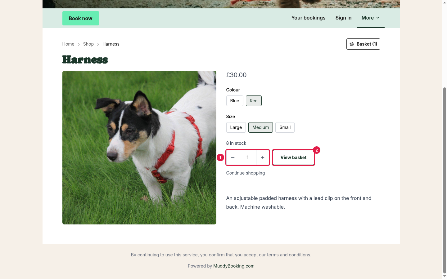The Harness page after adding it, with a quantity control and a View basket button