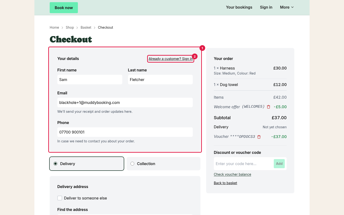 The Your details section of the checkout, with the Already a customer? Sign in link