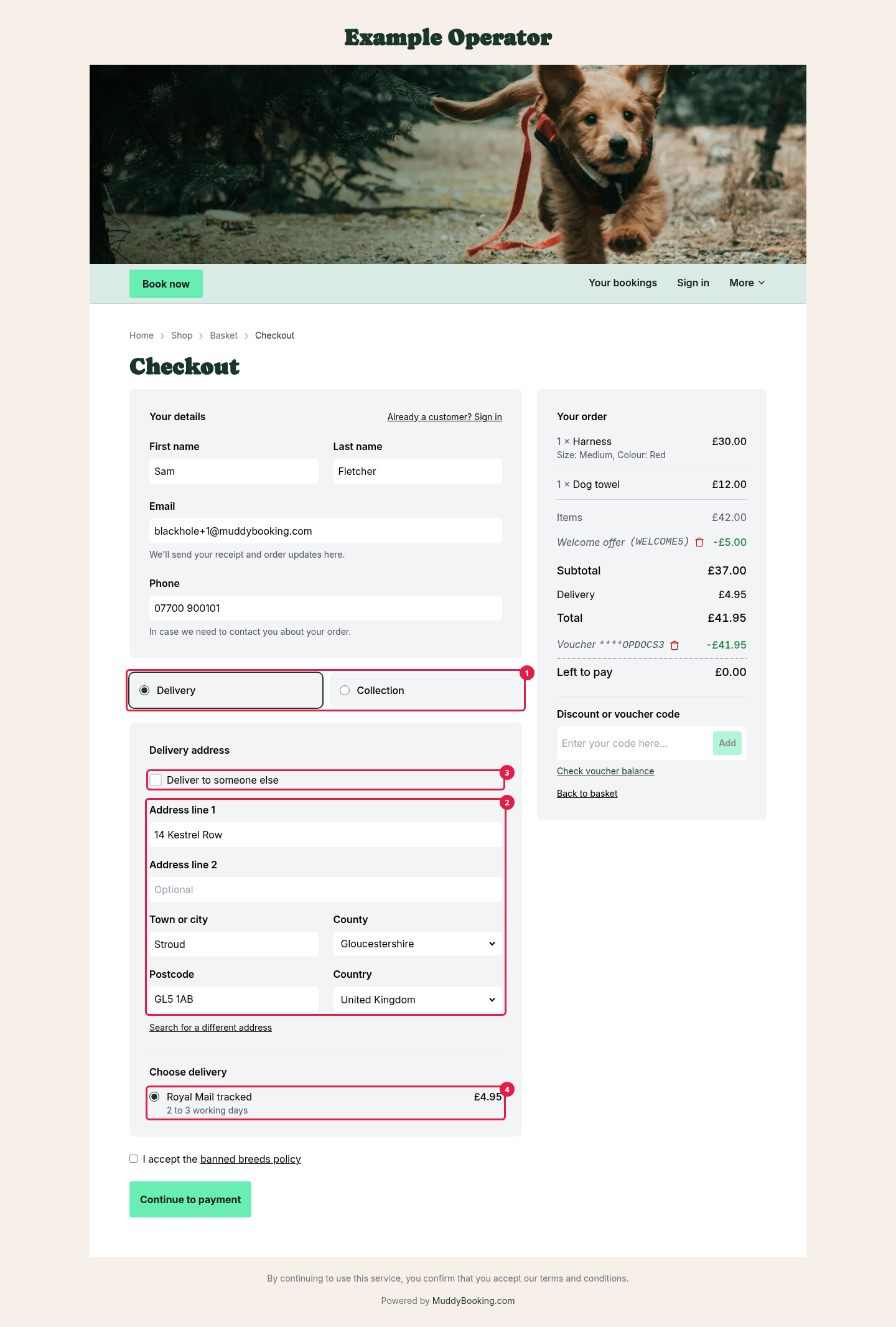 The checkout with Delivery chosen, an address entered and Royal Mail tracked chosen at £4.95