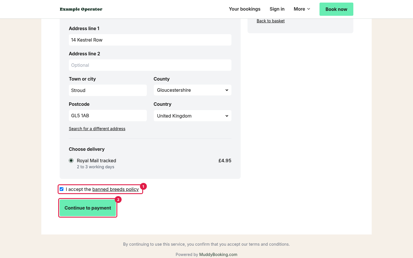 The bottom of the checkout, with the policy box ticked and the Continue to payment button