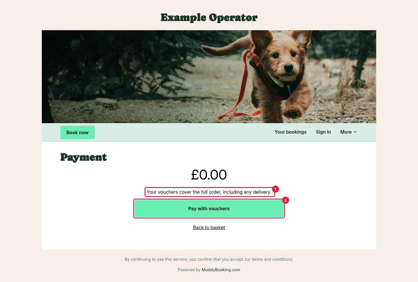 The Payment page with £0.00 to pay and the Pay with vouchers button