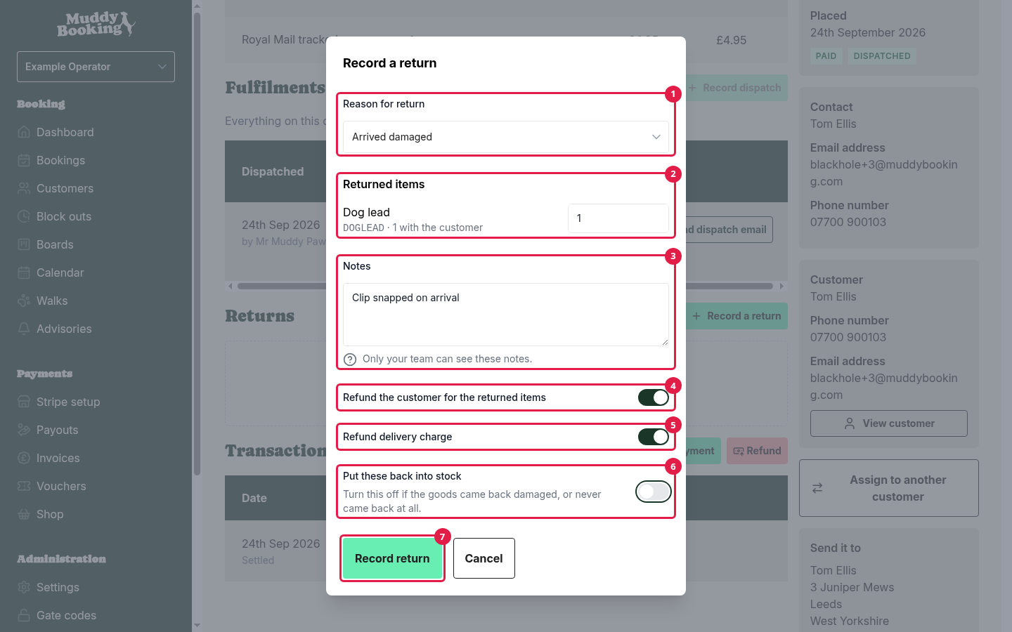The Record a return pop-up, with a reason, one returned item, a note and the refund switches