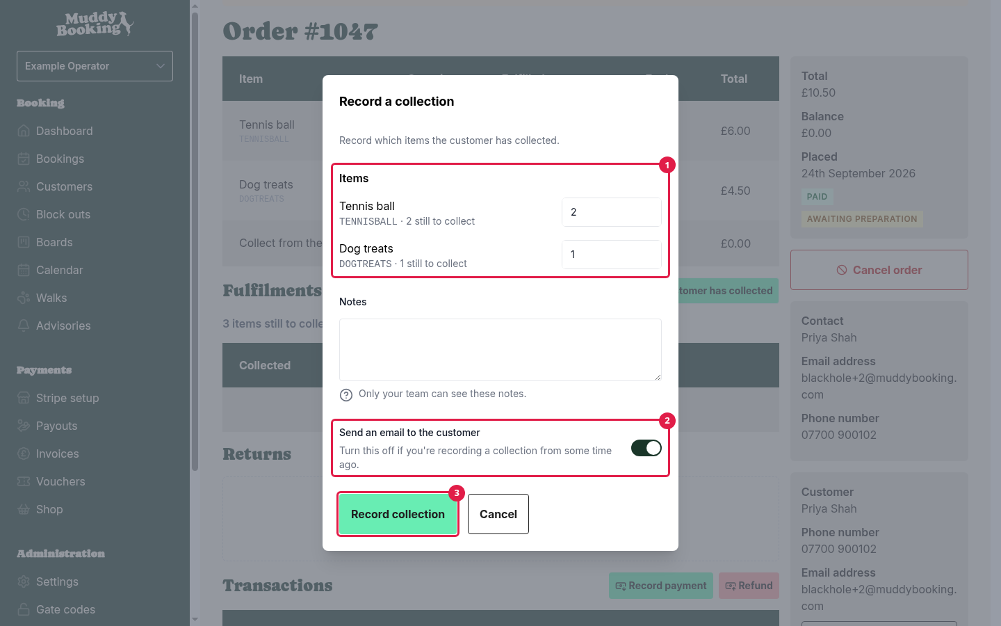 The Record a collection pop-up, with a quantity for each item and the customer email switched on
