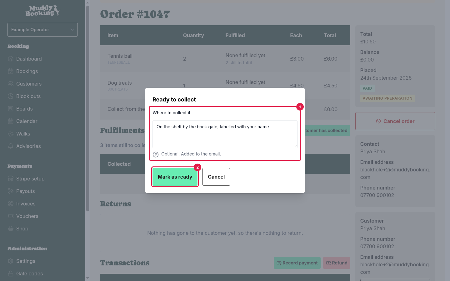 The Ready to collect pop-up, with collection details under Where to collect it