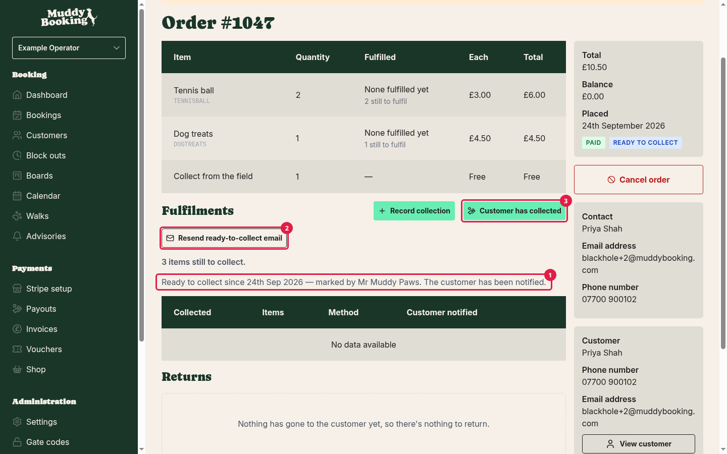 A collection order marked as ready to collect, with the Resend ready-to-collect email and Customer has collected buttons
