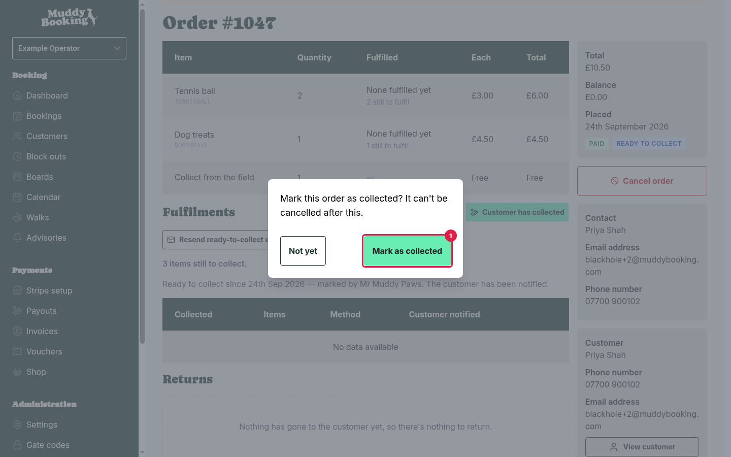 The confirmation asking whether to mark the order as collected