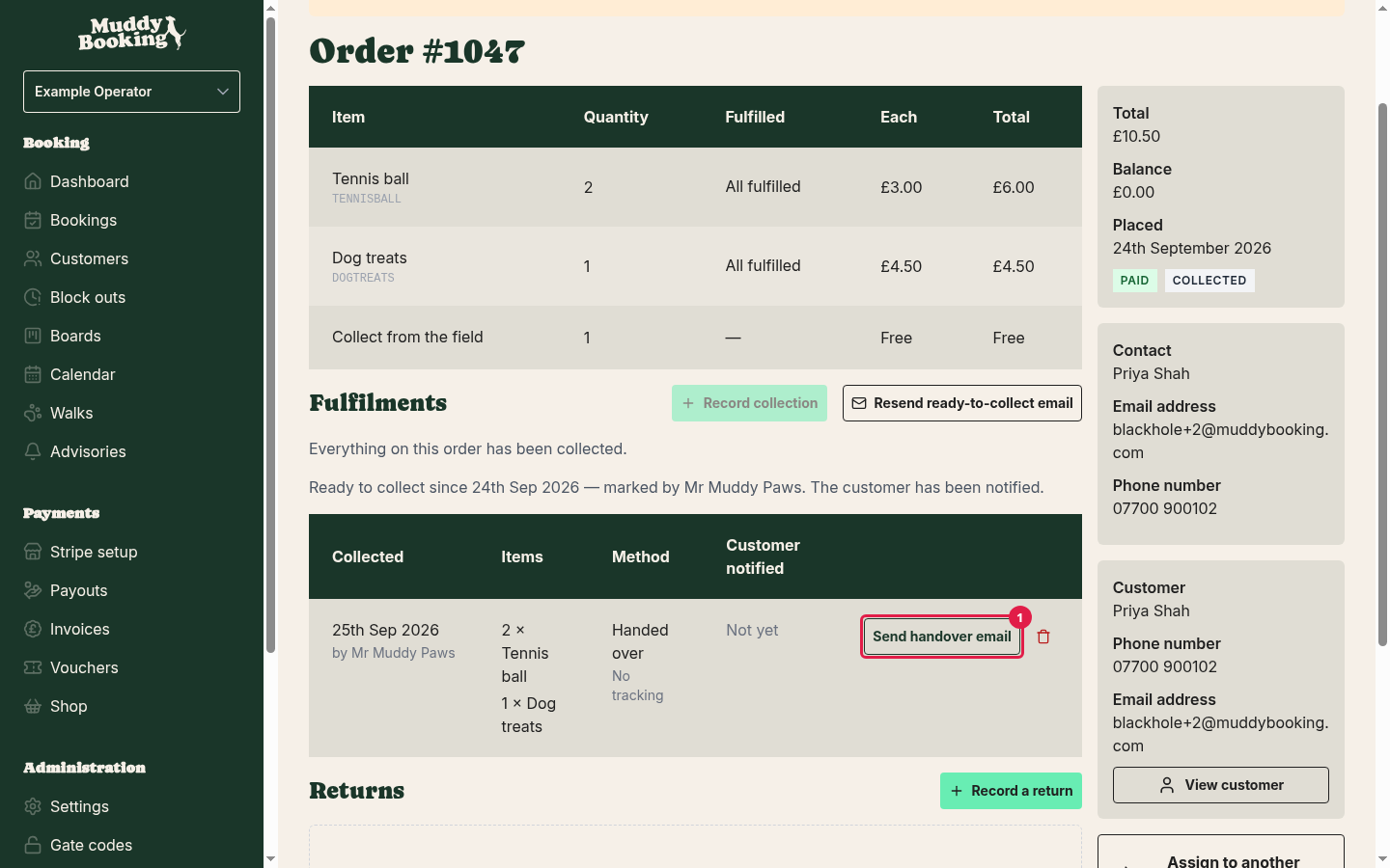 The collection's row under Fulfilments, with the Send handover email button
