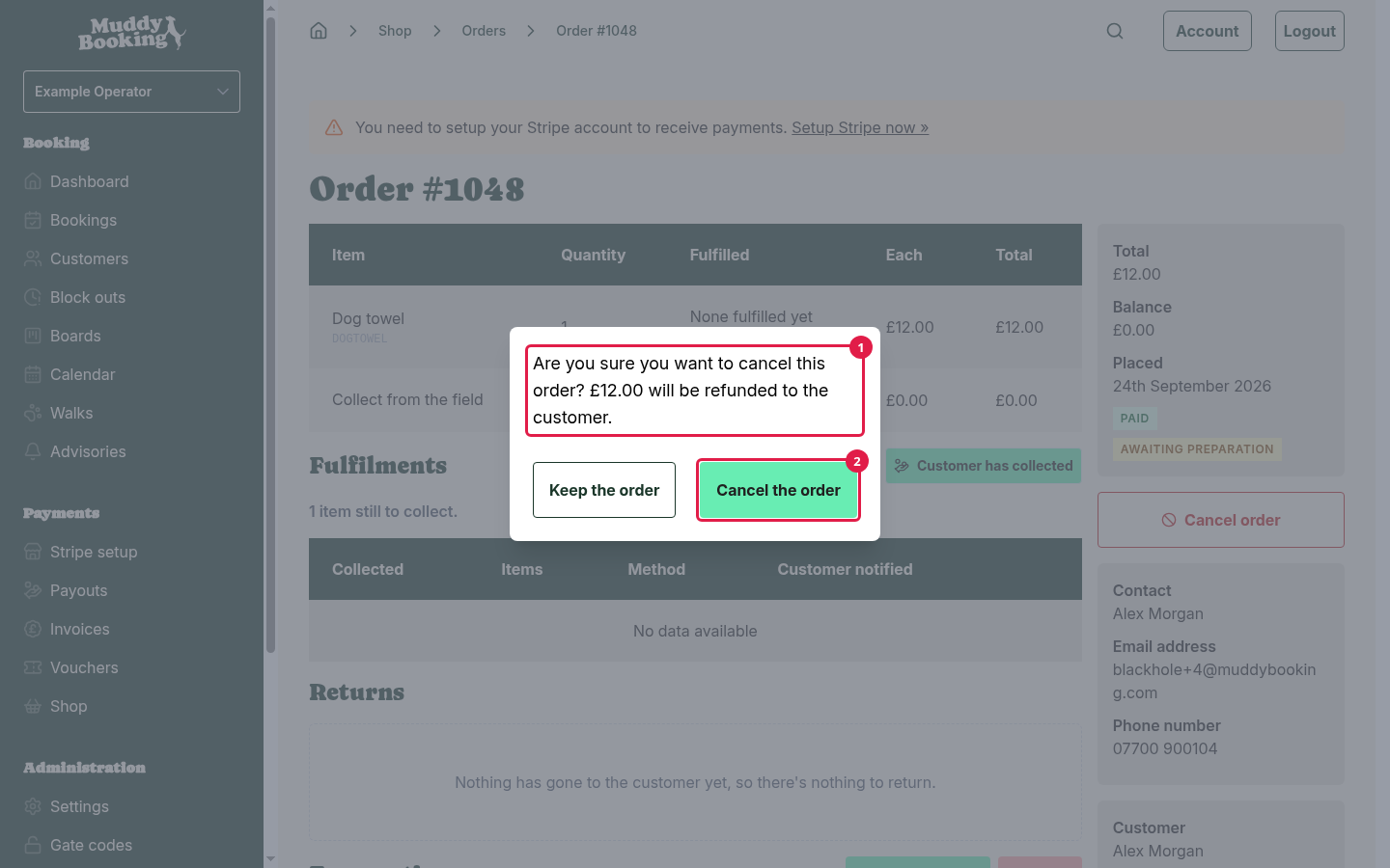 The confirmation for cancelling an order, showing how much will be refunded