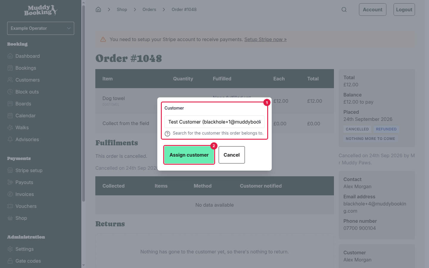 The pop-up for assigning an order to another customer, with a customer chosen