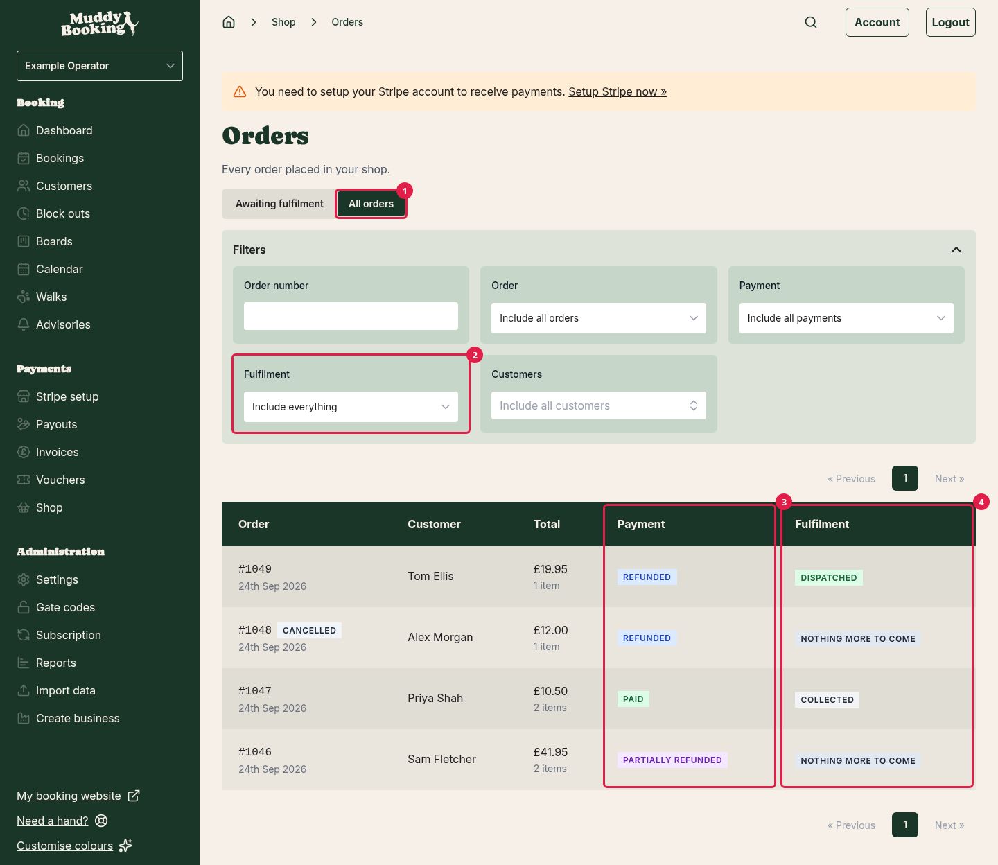 The Orders page on All orders, with the filters open and each order's payment and fulfilment status