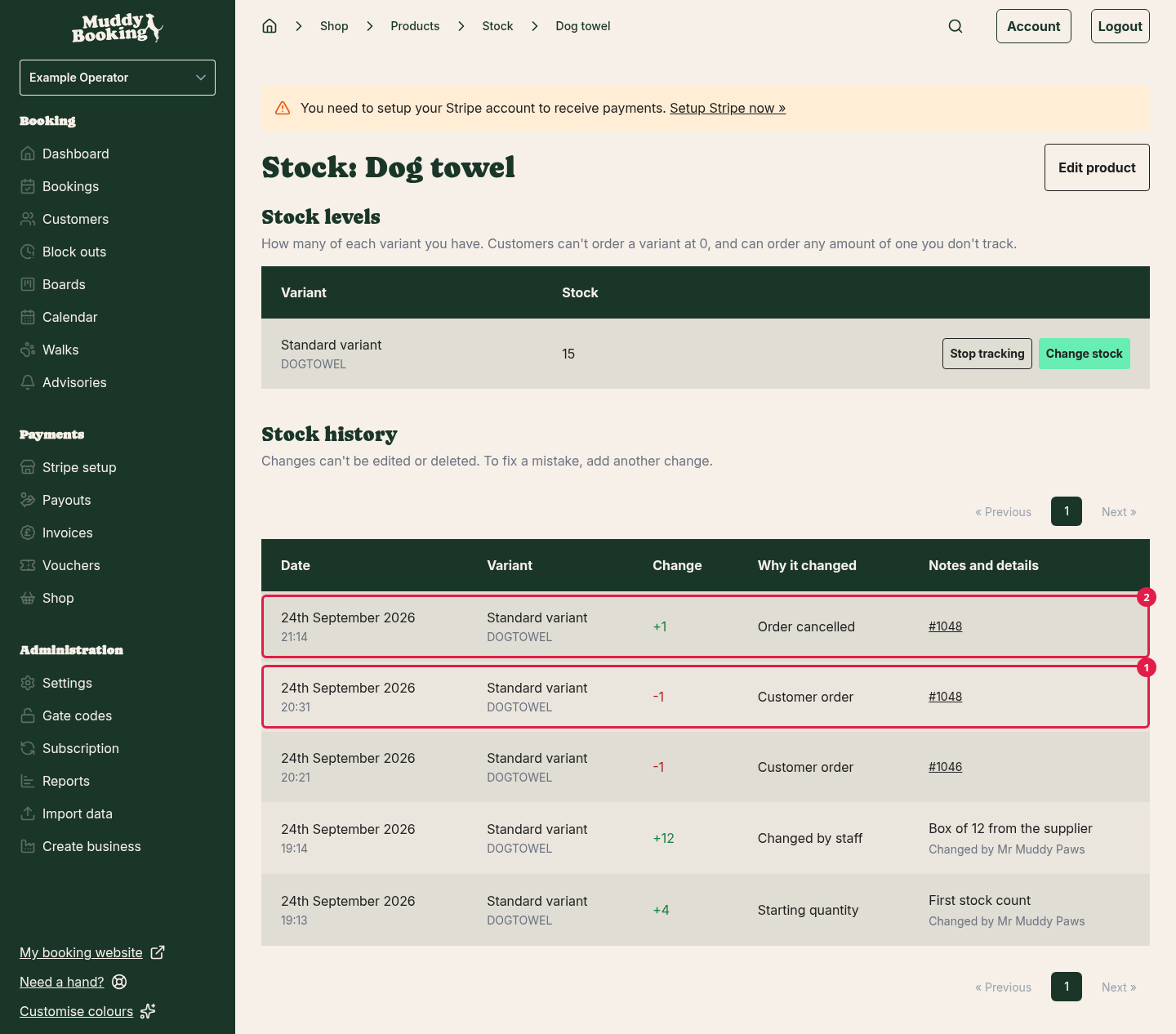 A product's stock history, with a customer order and its cancellation