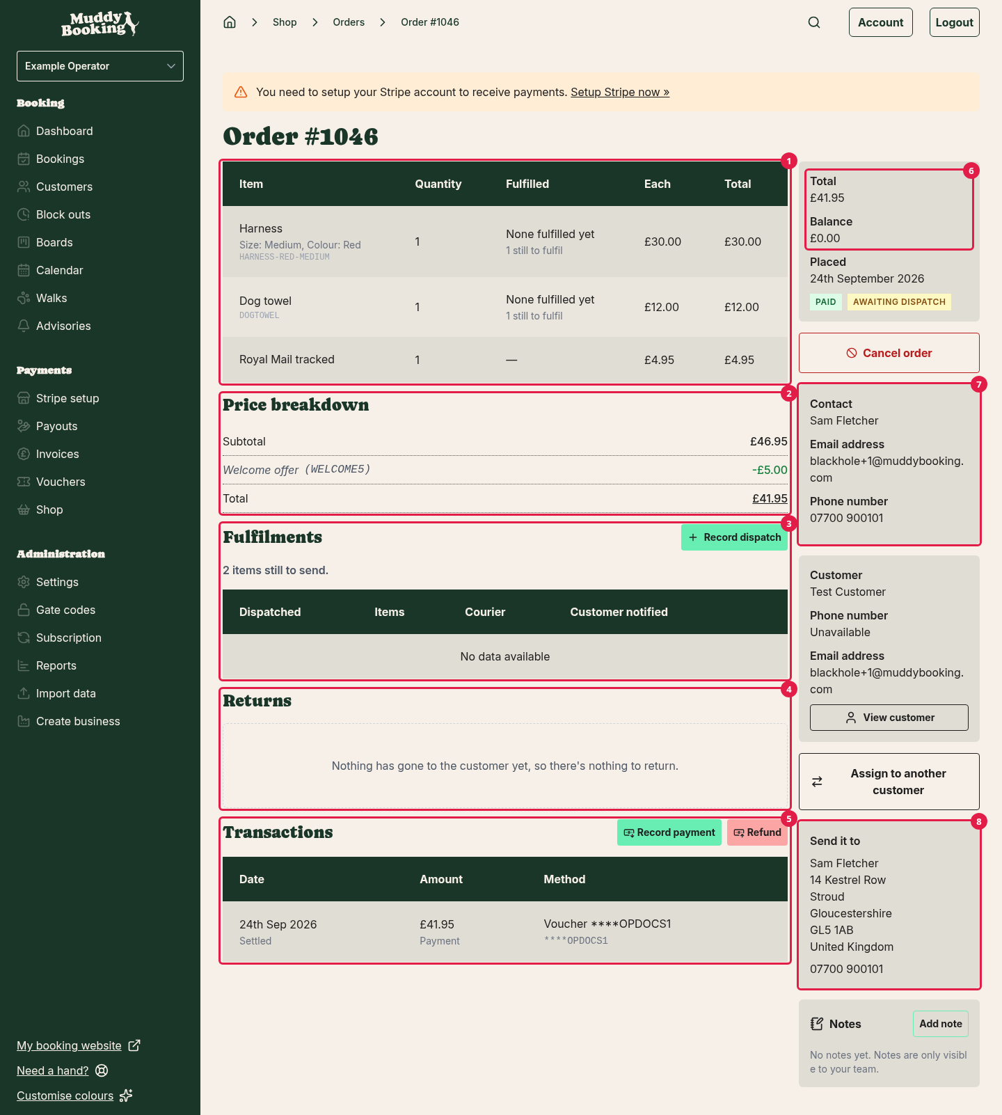 An order before anything has been sent, with its sections on the left and the total, contact details and delivery address on the right