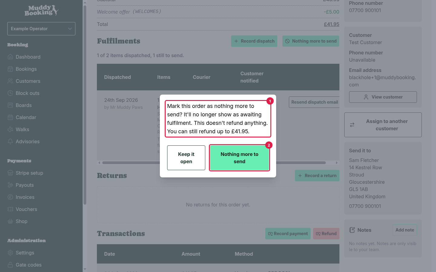 The confirmation for Nothing more to send, saying it doesn't refund anything