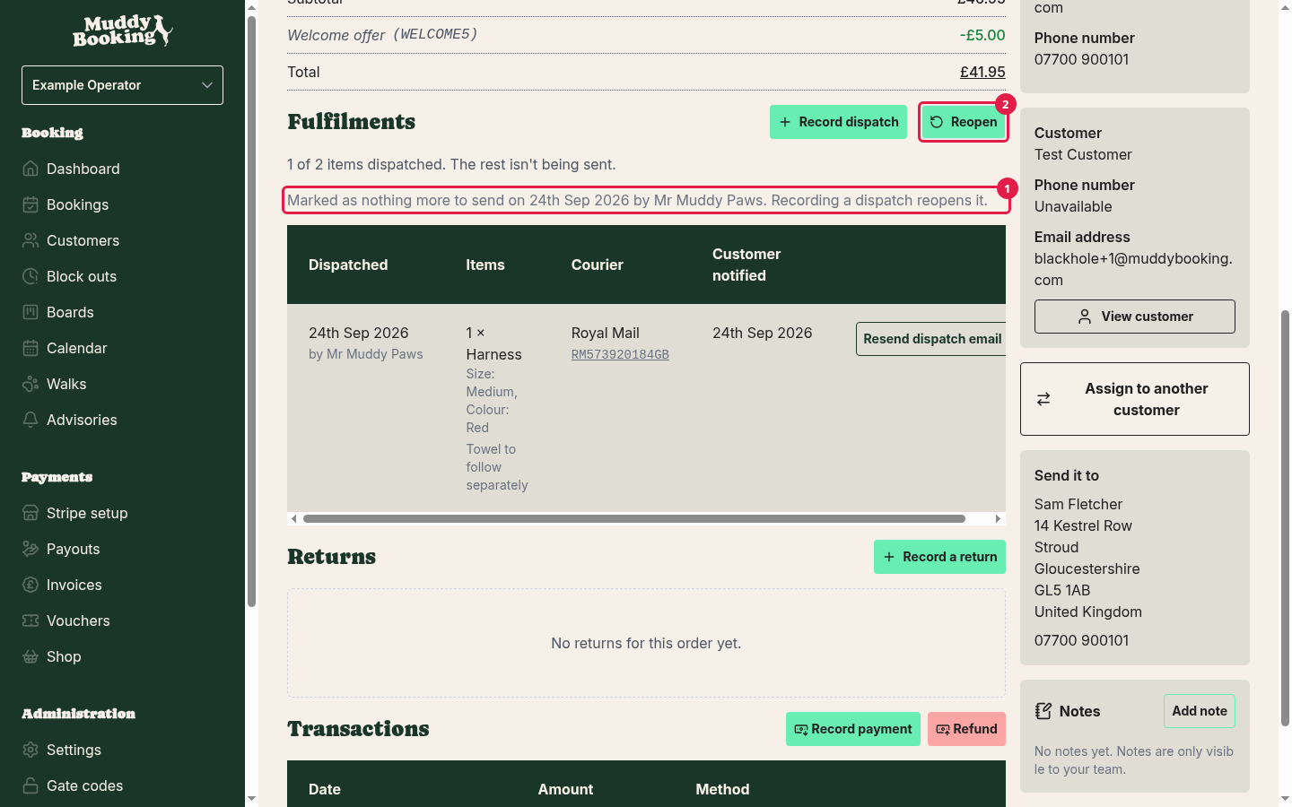A closed order's Fulfilments section, with the Reopen button