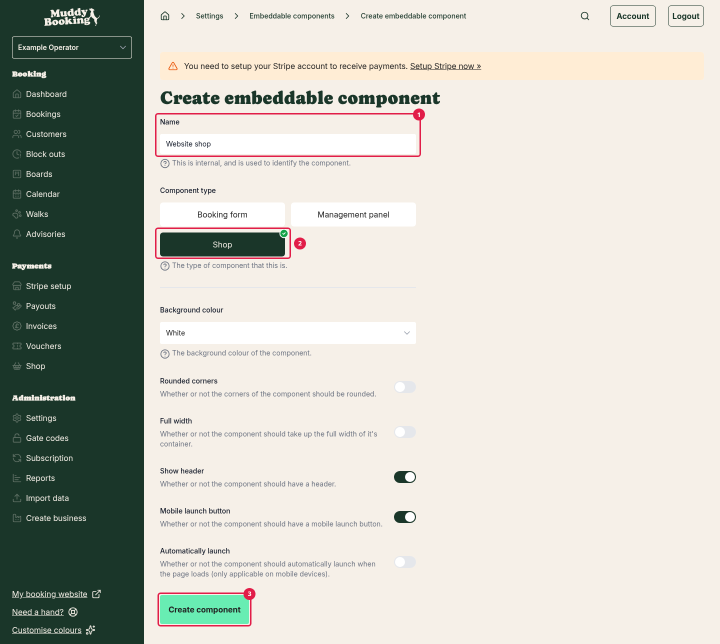 The Create embeddable component form, with Shop chosen as the component type