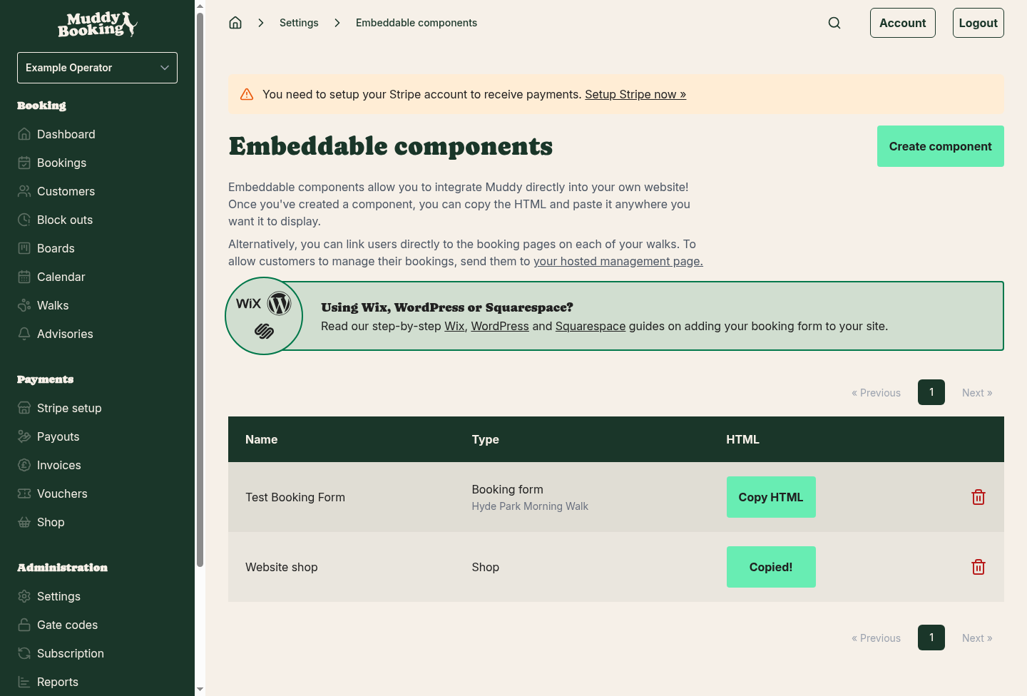 The Embeddable components page, with Copied! on the shop component's button