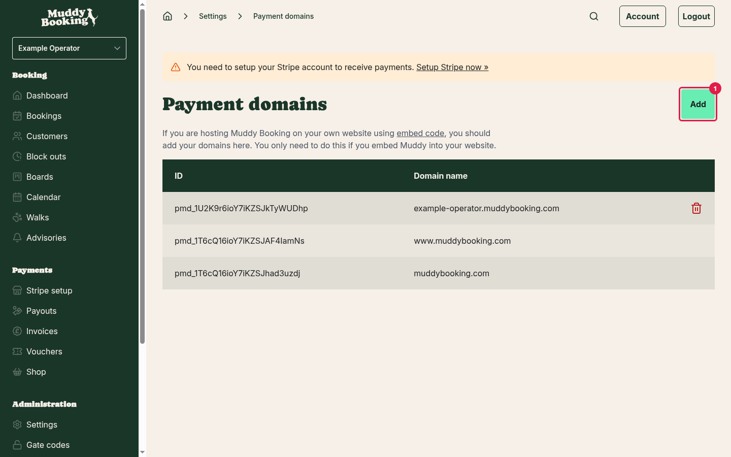 The Payment domains page