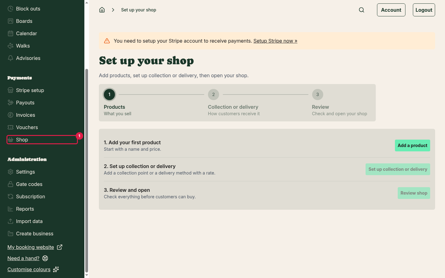 Shop in the Payments section of the left-hand menu