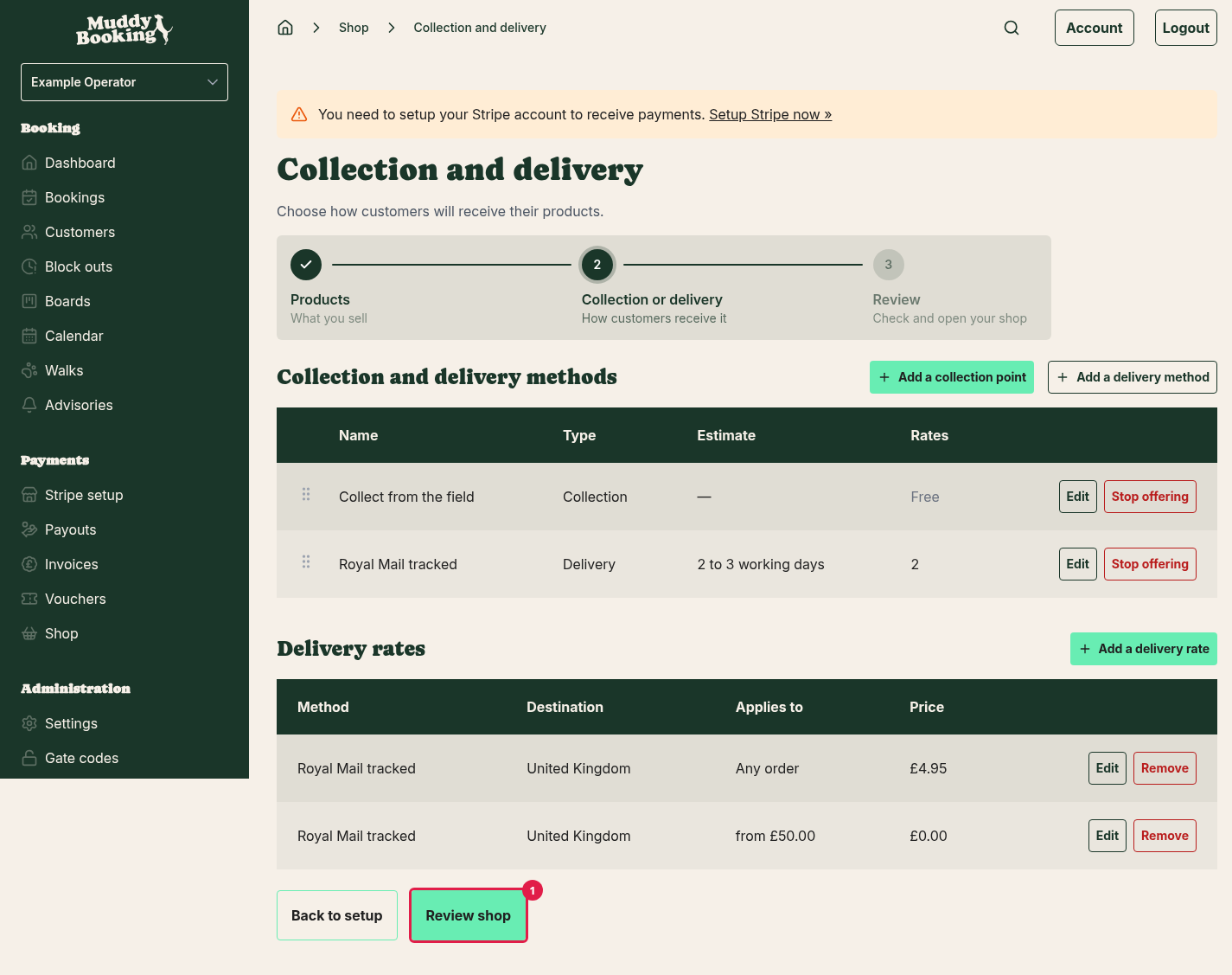 The Collection and delivery page with a collection point, a delivery method and two rates