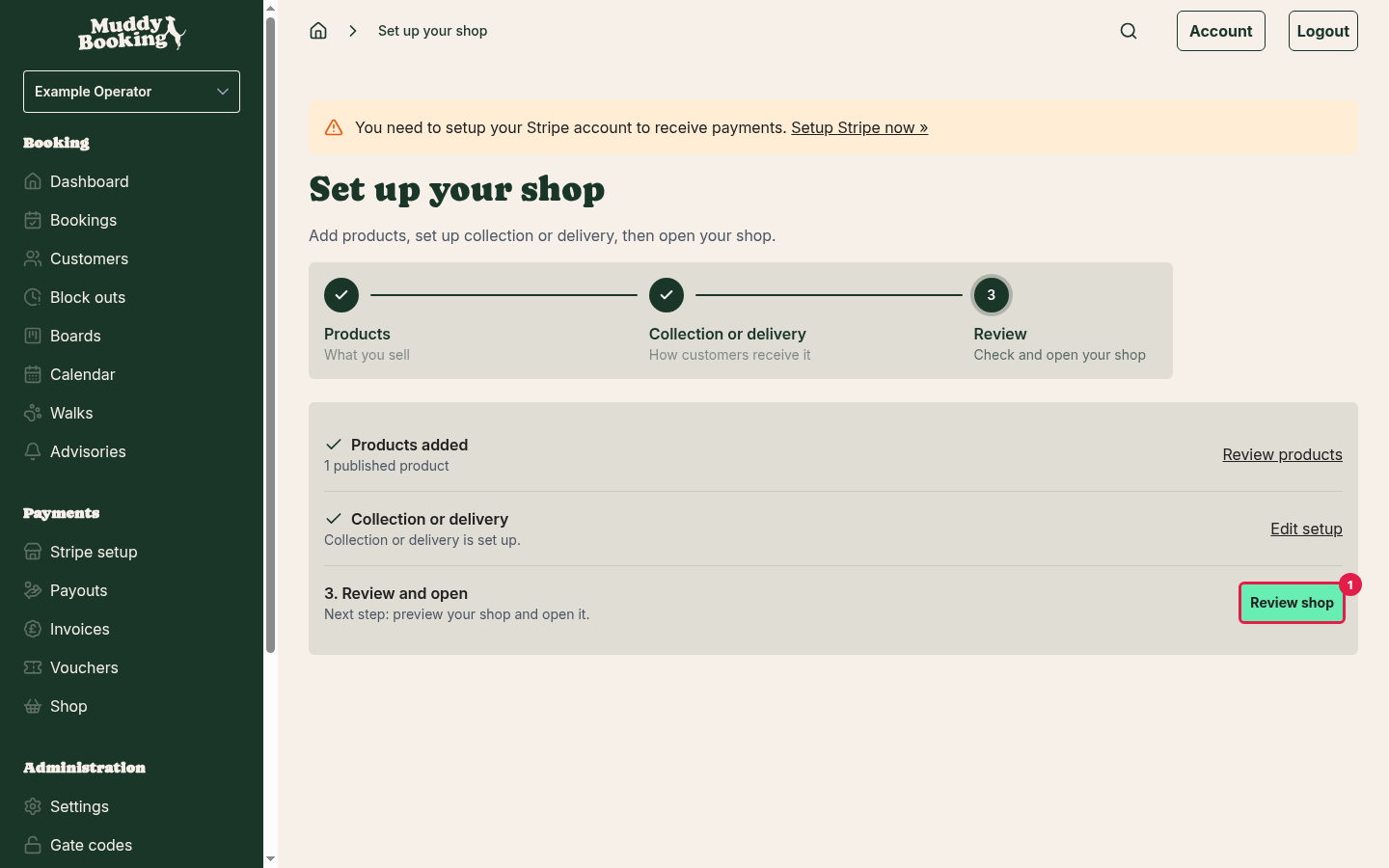 The Set up your shop page, ready to review