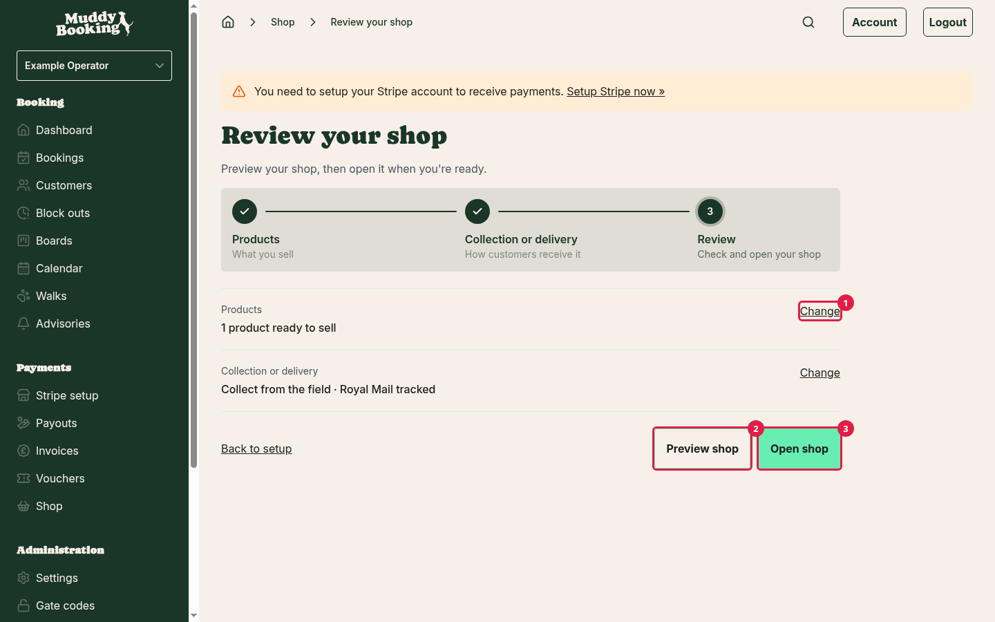 The Review your shop page