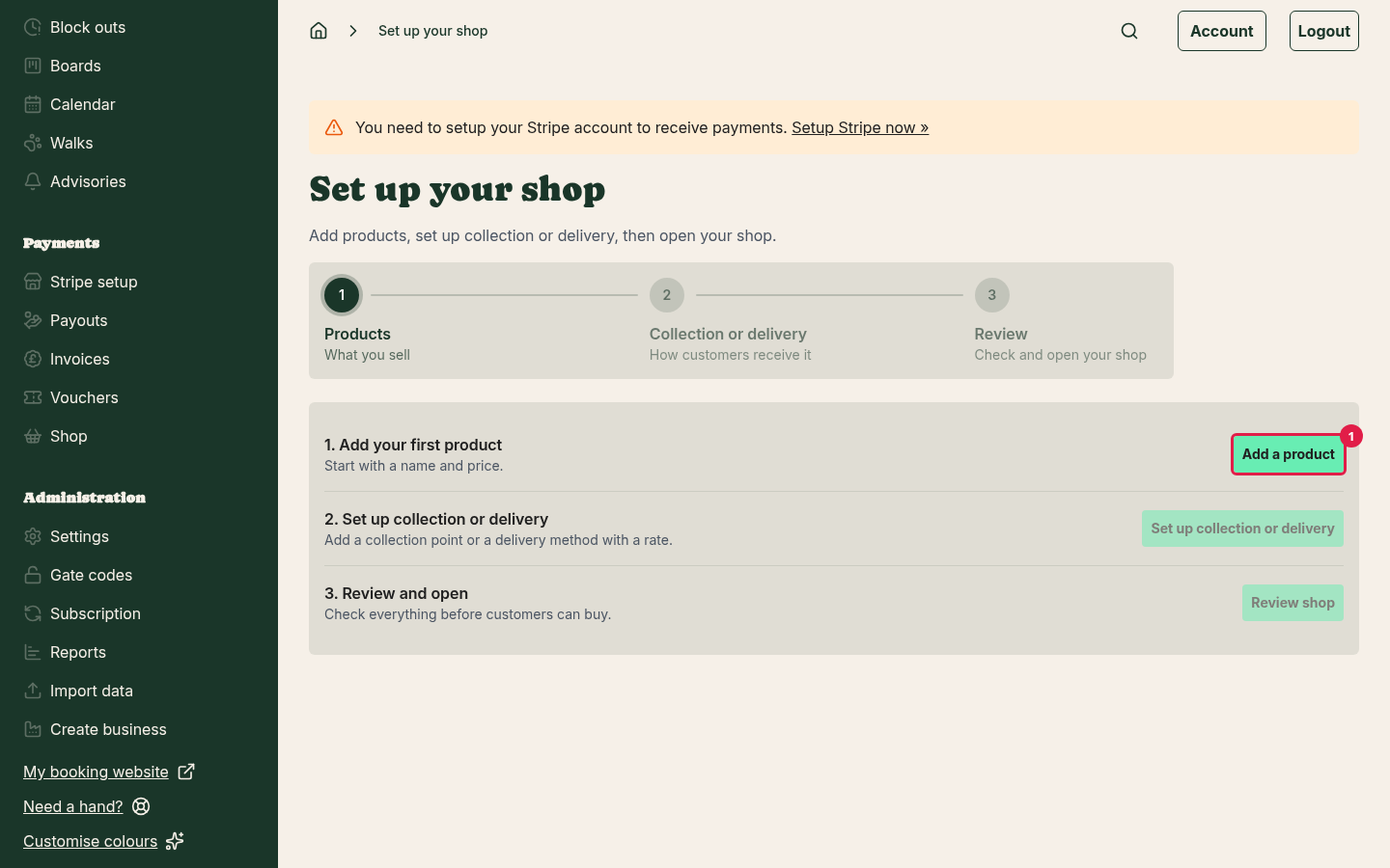 The Set up your shop page before you've added a product