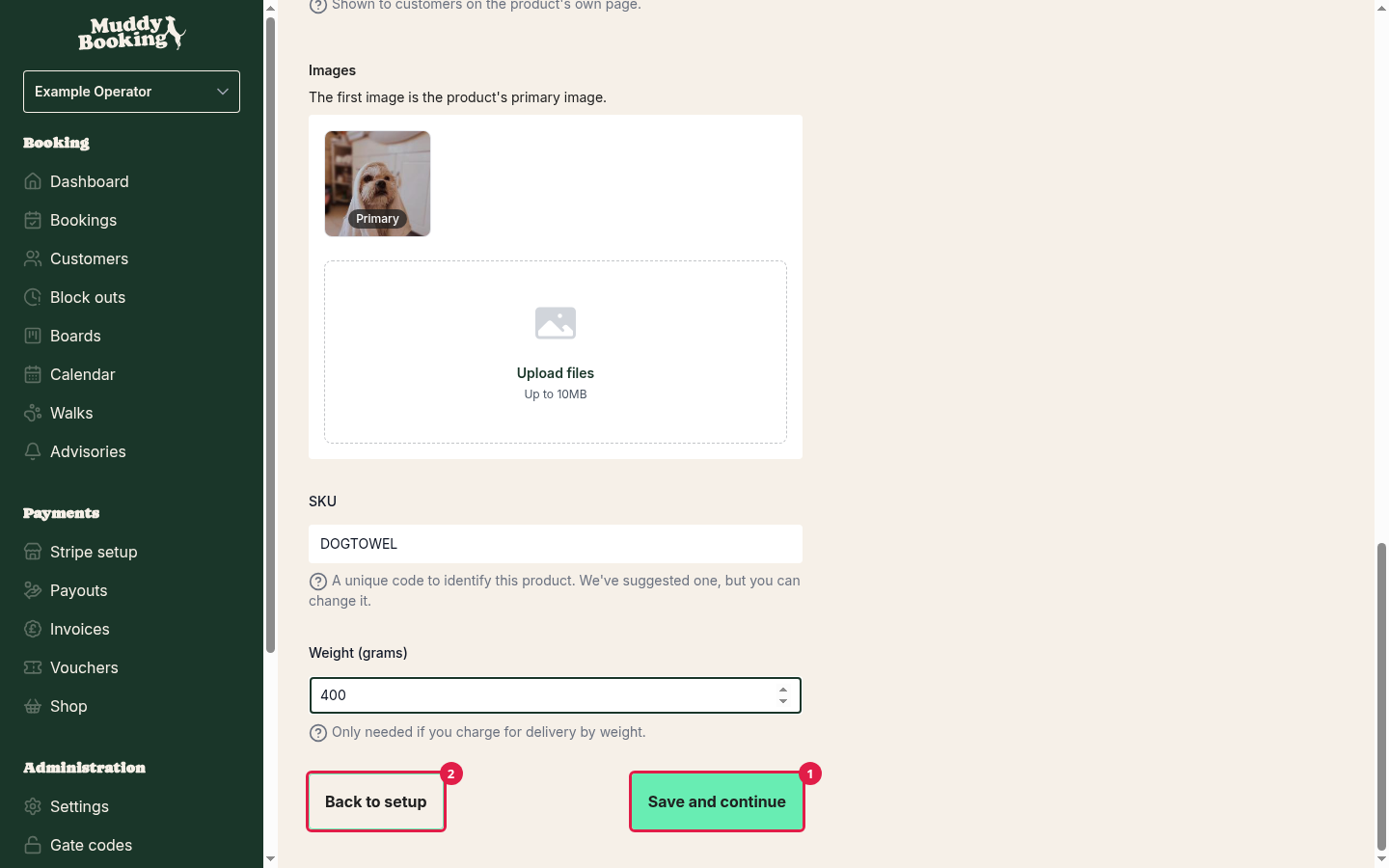 The bottom of the product form, with Save and continue and Back to setup
